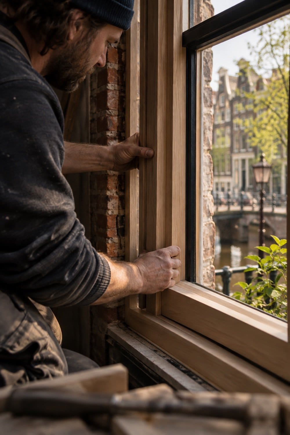 Timmerman plaatst een houten kozijn in een bakstenen gevel