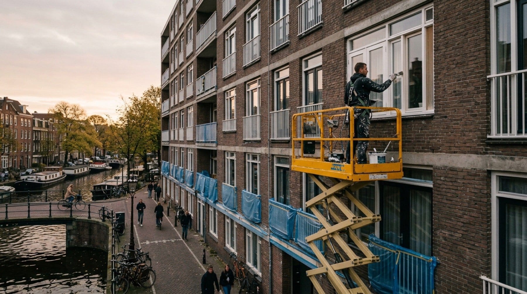 Schilder op een hoogwerker bij een Amsterdams appartementencomplex
