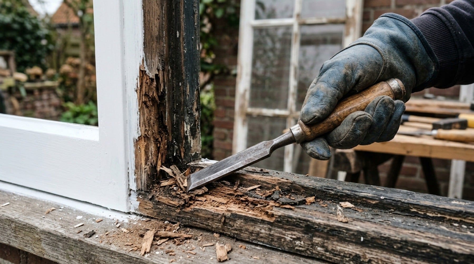 Houtrot wordt uit een houten kozijn gehakt