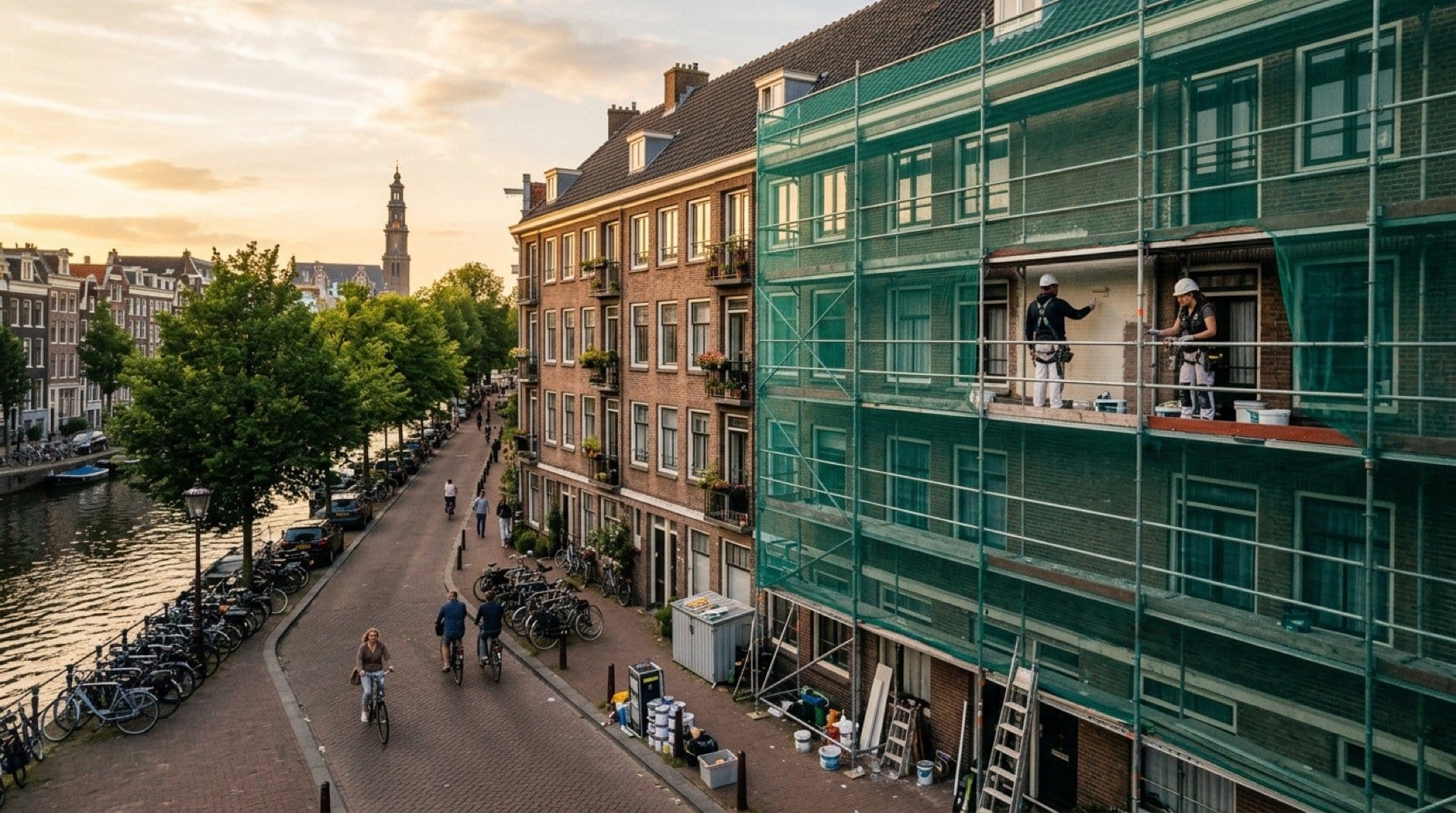 Steigerwerk aan een Amsterdams appartementencomplex bij avondlicht