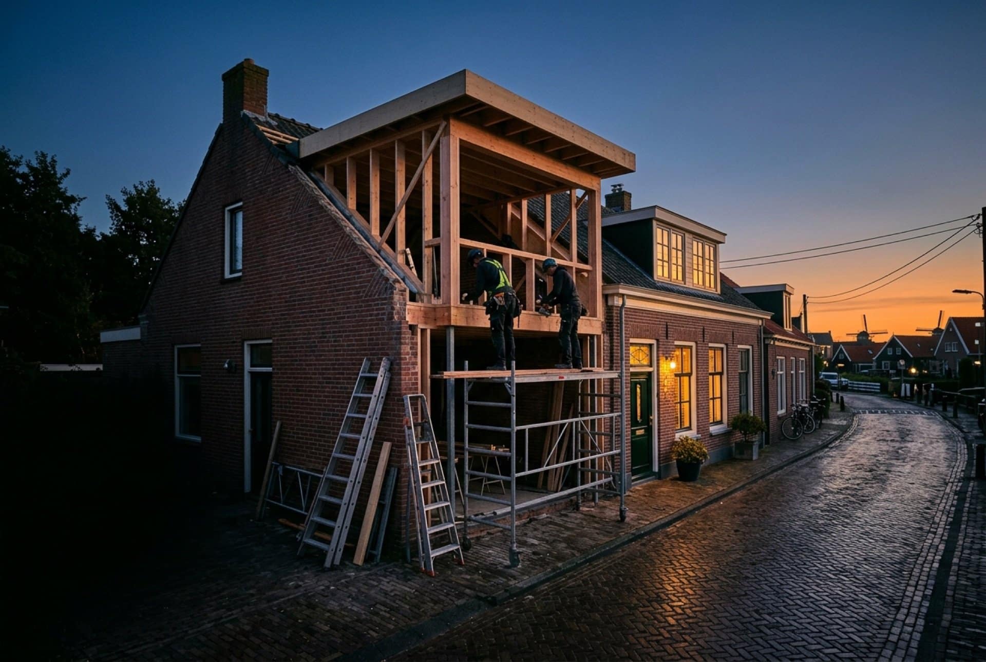 Carpenters building an extension on a village house in North Holland in the evening light