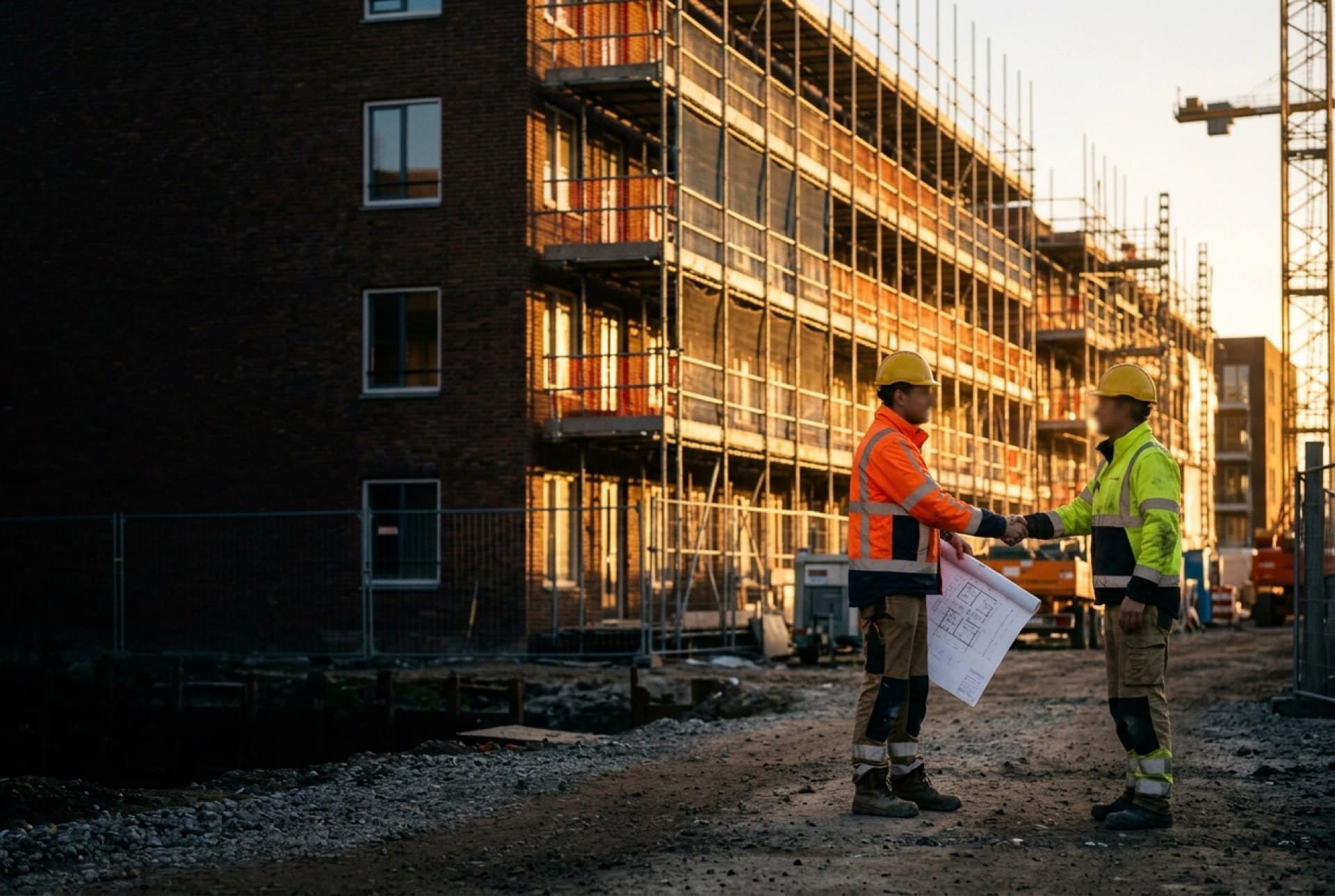 Two construction professionals shaking hands on a building site at sunset