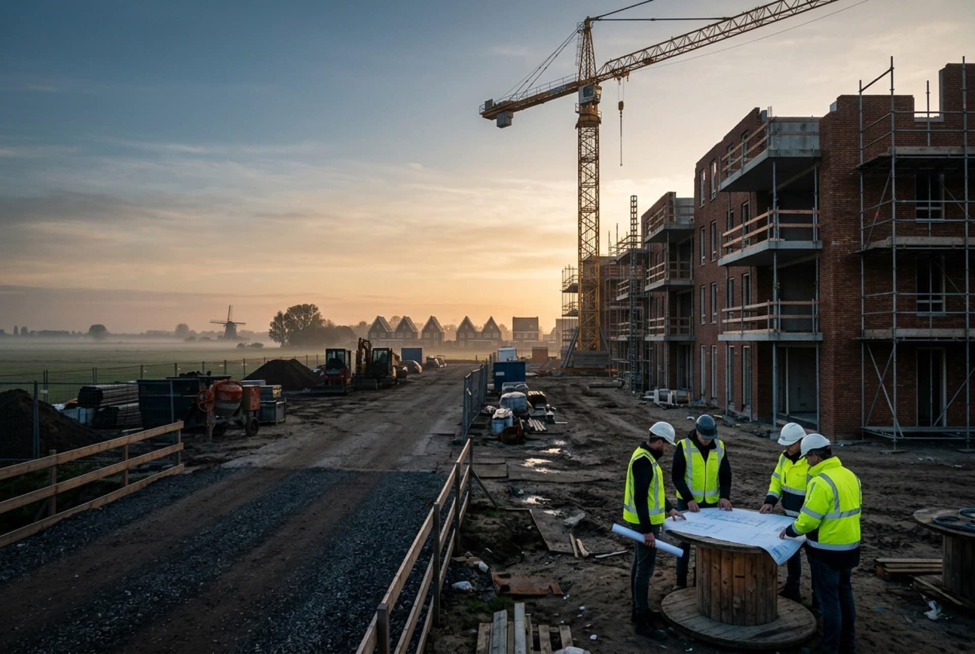 Building team discussing the drawings on a new-build project at sunrise