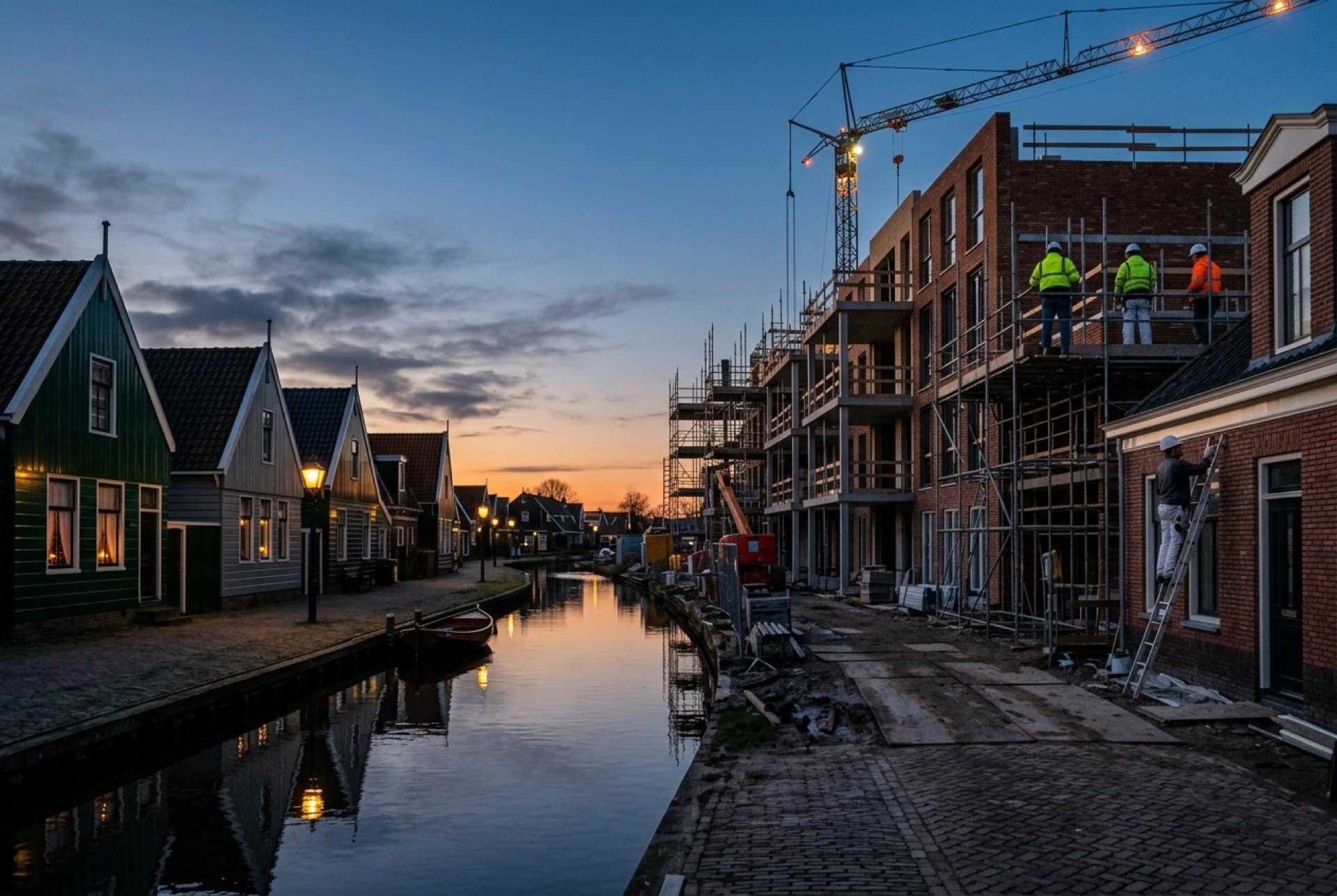 Zaanse huizen langs het water en een nieuwbouwproject met bouwkraan en bouwvakkers bij avondlicht