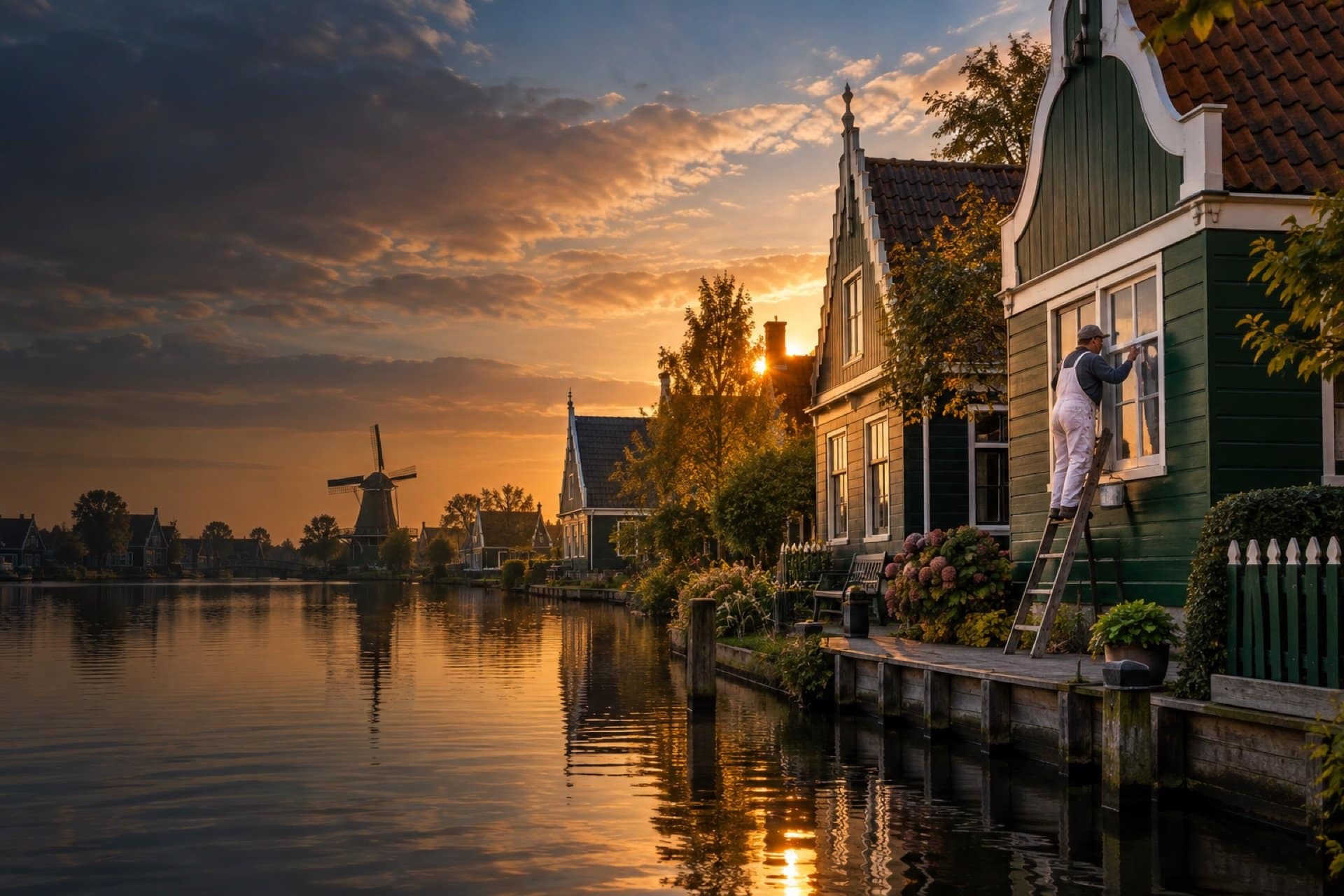 Painter at work on a Zaan house at sunset